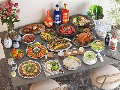 Delicious Food Spread With Roast Chicken Fish Shrimp Fruits Vegetables Wine And Flowers On Table 3d model