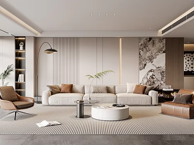 Modern Living Room Interior With Beige Sofa Armchairs Coffee Table And Abstract Wall Art 3d model