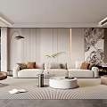 Modern Living Room Interior With Beige Sofa Armchairs Coffee Table And Abstract Wall Art