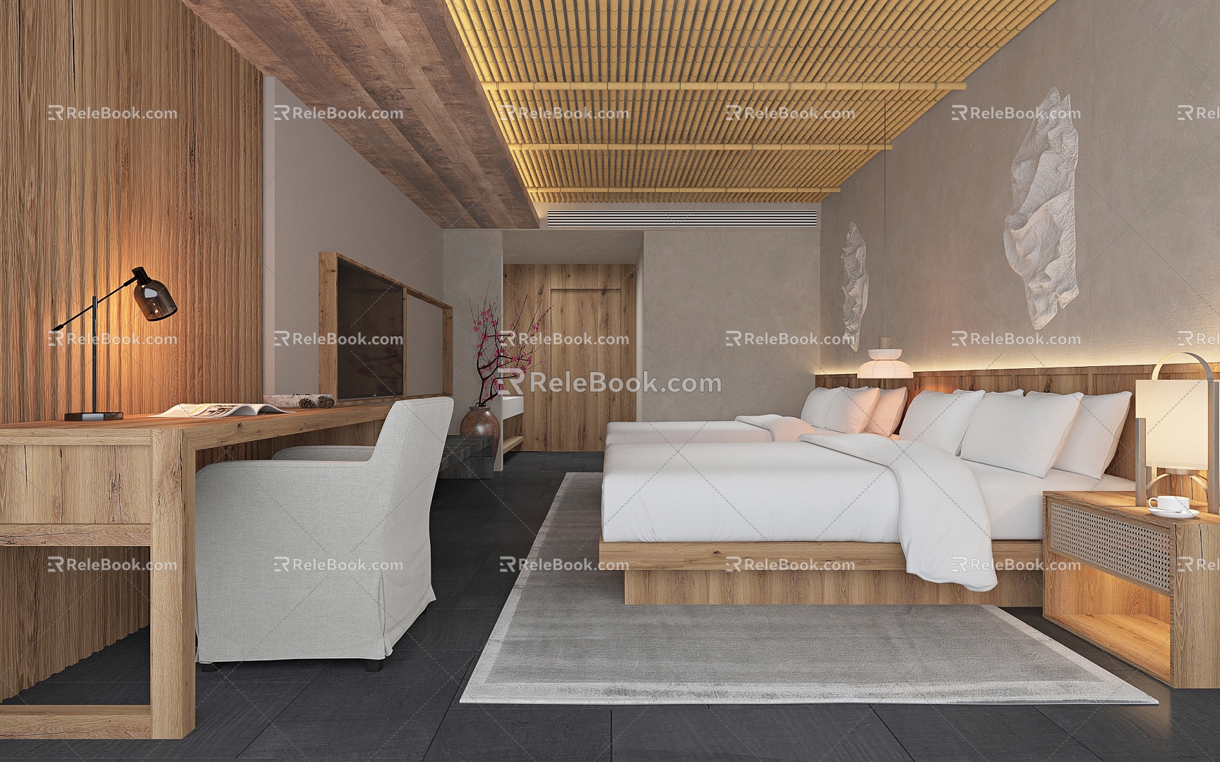 New Chinese Hotel Homestay Guest Room Homestay Ceiling Log Homestay 3d model