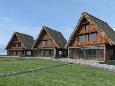 Traditional Guesthouse Buildings With Triangular Thatched Roofs Wooden Structure Large Glass Windows On Green Lawn 3d model