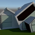 Modern Geometric Architectural Design With Concrete Glass Structure Sloped Roof On Lawn