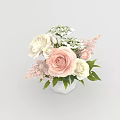 Fresh Flower Arrangement In White Vase With Pink And White Roses Baby's Breath