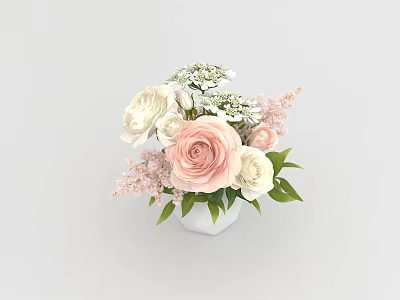 Fresh Flower Arrangement In White Vase With Pink And White Roses Baby's Breath 3d model