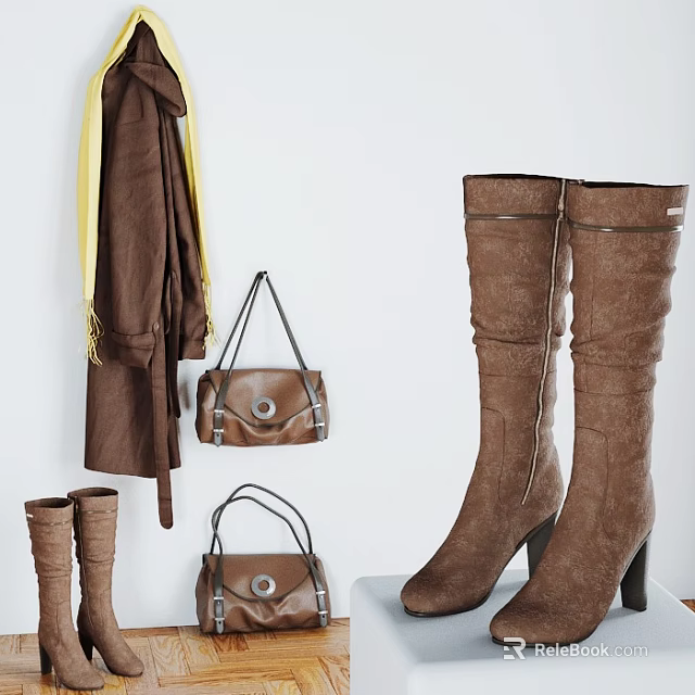 Brown Tall and Short Boots with Matching Handbags and Coat in Fashionable White Background 3d model 