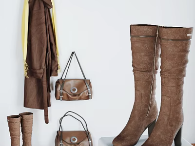 Brown Tall and Short Boots with Matching Handbags and Coat in Fashionable White Background 3d model