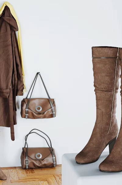 Brown Tall and Short Boots with Matching Handbags and Coat in Fashionable White Background 3d model