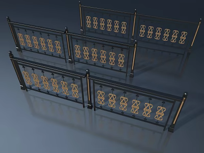 Elegant Modern Swing Door With Black Frame And Gold Geometric Railing Design 3d model