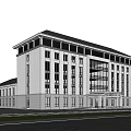 Modern Multi Story Office Building With Large Glass Windows Green Lawn And Asphalt Road