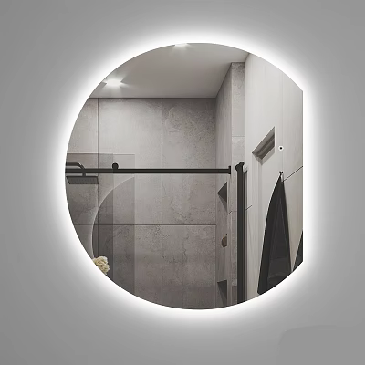 Round Backlit Mirror Reflects Bathroom Shower With Gray Tiles And Towel 3d model