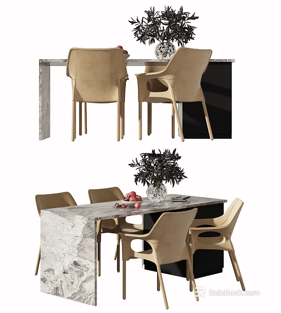 Modern Dining Set with Marble Table Top Beige Chairs and Olive Vase Fruits 3d model 