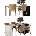 Modern Dining Set with Marble Table Top Beige Chairs and Olive Vase Fruits