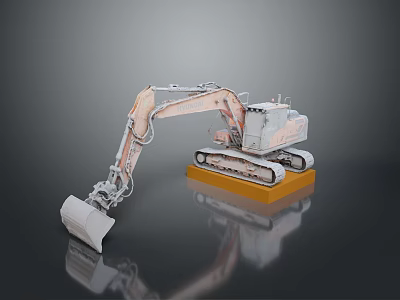 Heavy Duty Functional Construction Vehicle Excavator With Tracks Large Bucket On Display Platform And Reflection 3d model