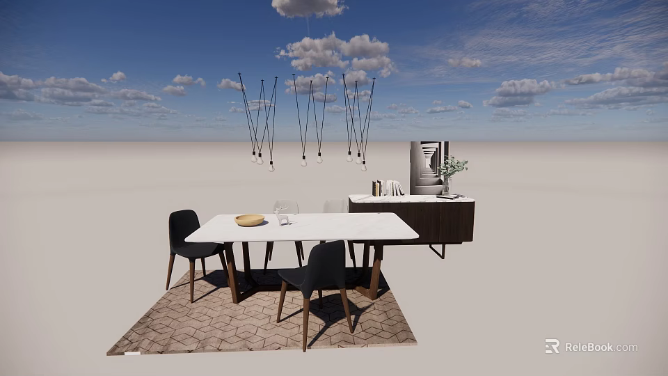 Modern Dining Table Set With White Top Black Chairs Wooden Legs Pendant Lights And Cabinet 3d model 