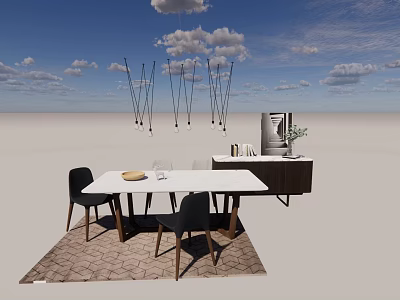 Modern Dining Table Set With White Top Black Chairs Wooden Legs Pendant Lights And Cabinet 3d model