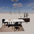 Modern Dining Table Set With White Top Black Chairs Wooden Legs Pendant Lights And Cabinet
