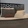 Double Bed with Dark Wooden Frame Intricate Carved Headboard and Gray White Pillows