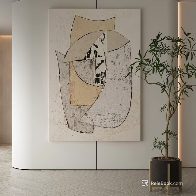 Abstract Painting Modern Minimalist Interior Wall Decor With Green Plant And Neutral Tones 3d model 