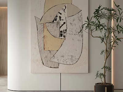 Abstract Painting Modern Minimalist Interior Wall Decor With Green Plant And Neutral Tones 3d model