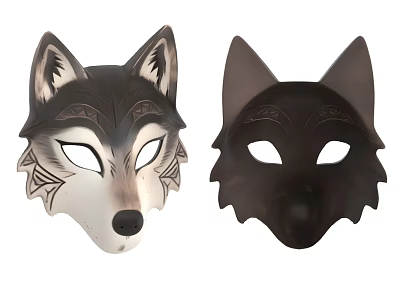 Two Different Colored Wolf Masks With Decorative Patterns And Animal Design 3d model