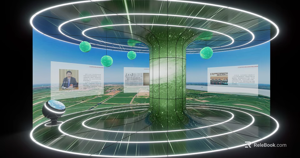 Modern Circular Exhibition Space With Green Column Illuminated White Rings Green Spherical Decorations And Globe 3d model 