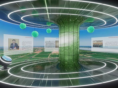 Modern Circular Exhibition Space With Green Column Illuminated White Rings Green Spherical Decorations And Globe 3d model