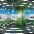 Modern Circular Exhibition Space With Green Column Illuminated White Rings Green Spherical Decorations And Globe