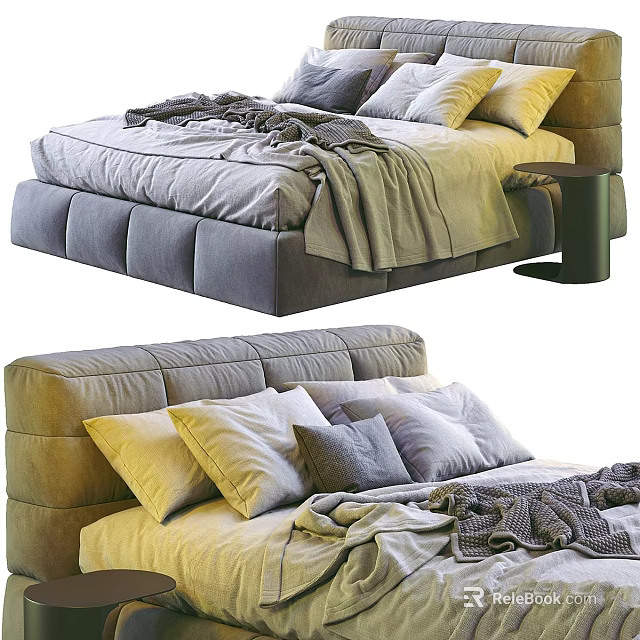 Modern Upholstered Double Bed With Tufted Headboard Soft Pillows And Layered Blankets 3d model 