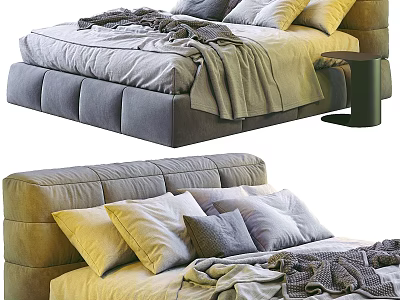 Modern Upholstered Double Bed With Tufted Headboard Soft Pillows And Layered Blankets 3d model