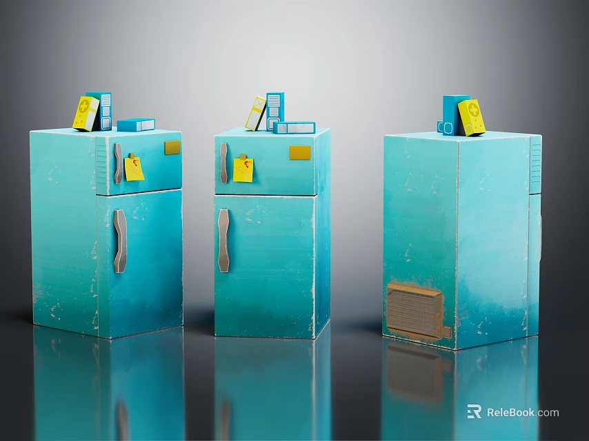Three Blue Vintage Refrigerators Freezers With Yellow Tags On Display In Interior 3d model 