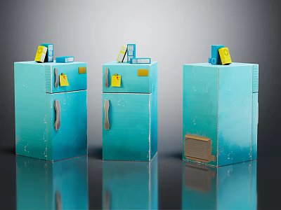 Three Blue Vintage Refrigerators Freezers With Yellow Tags On Display In Interior 3d model