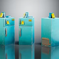 Three Blue Vintage Refrigerators Freezers With Yellow Tags On Display In Interior