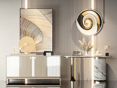 Modern Entryway Console Cabinet And Sideboard Interior With Decorative Painting Round Mirror And Marble Accents 3d model