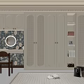 Elegant Beige Wardrobe Room With Dressing Table Round Mirror Floral Wallpaper And Wooden Chair