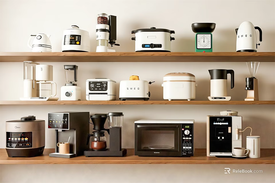 Essential Kitchen Appliances Including Coffee Maker Rice Cooker And Microwave On Wooden Shelves 3d model 
