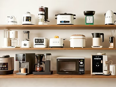 Essential Kitchen Appliances Including Coffee Maker Rice Cooker And Microwave On Wooden Shelves 3d model