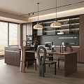 Modern Restaurant Kitchen Interior With Open Concept Dining Table Chairs And Wooden Cabinets