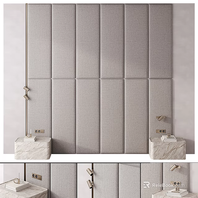 Modern Elegant Bed Background Wall With Gray Upholstered Panels And Marble Nightstands 3d model 