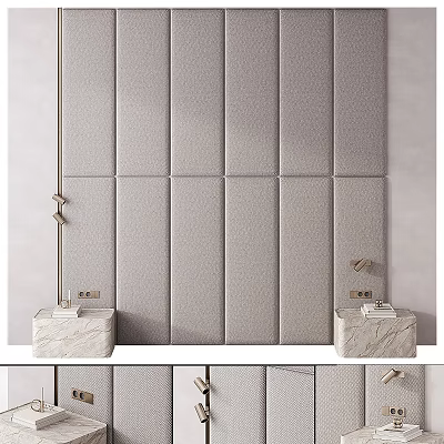 Modern Elegant Bed Background Wall With Gray Upholstered Panels And Marble Nightstands 3d model