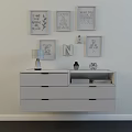 White Entryway Side Cabinet with Drawers Red Lamp and Wall Art Decor