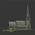 European Style Church Architecture With Tall Spire Green Roof Stone Exterior And Green Grass