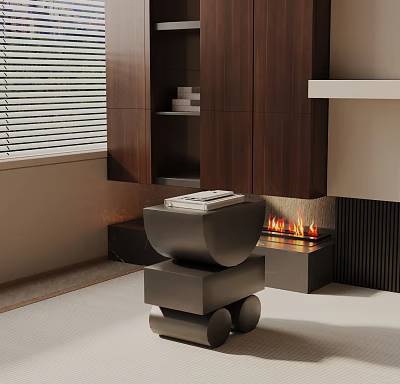 Modern Geometric Black Side Table With Stack Of Books By Fireplace And Wooden Cabinets 3d model