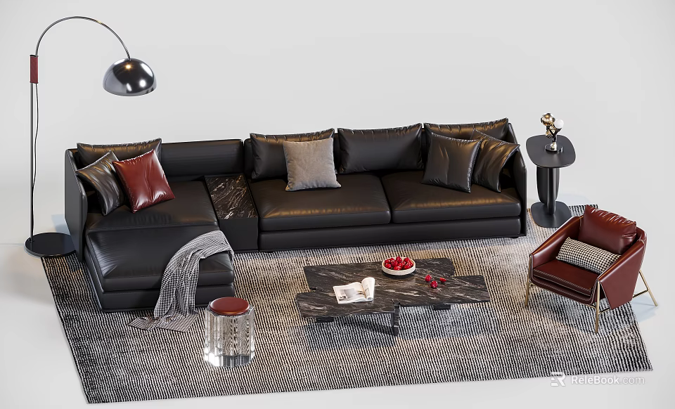 Modern Black Leather Sofa and Coffee Table Set with Throw Pillows Area Rug Side Table 3d model