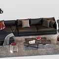 Modern Black Leather Sofa and Coffee Table Set with Throw Pillows Area Rug Side Table 3d model