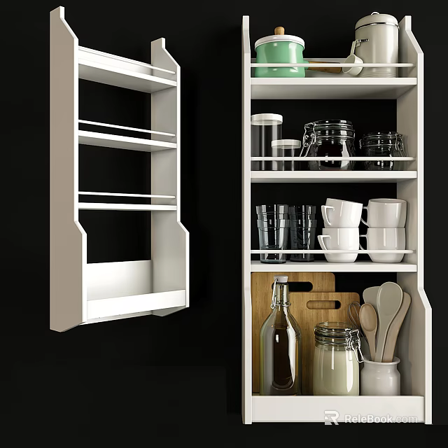 White Wall Mounted Kitchen Shelf With Glassware Cups Jars And Utensils 3d model 
