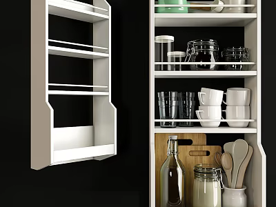 White Wall Mounted Kitchen Shelf With Glassware Cups Jars And Utensils 3d model