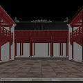 Ancient Chinese Architecture With Red Walls Black Roof Courtyard And Stone Path On Green Lawn