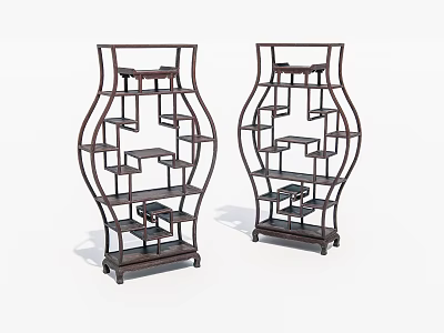 Pair of Chinese Vase Shaped Dark Wood Display Shelves With Multiple Tiers 3d model