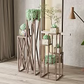 Wooden Multi Layered Room Divider With Green Plants For Interior Decor