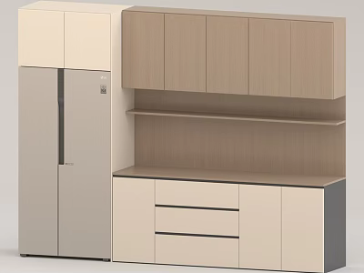 Modern Wooden And Light Colored Kitchen Cabinets With Drawers And Open Shelves Design 3d model